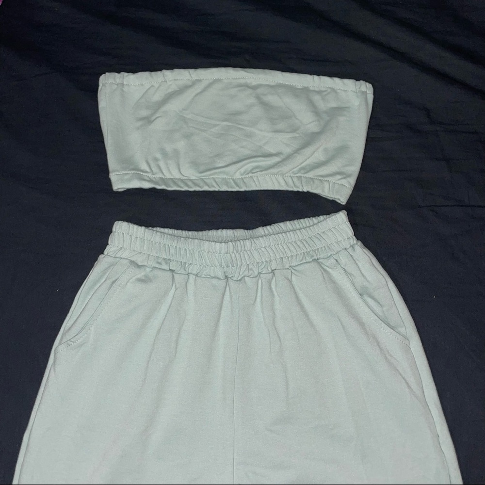 SheIn Baby Blue Bandeu Top w/ High Waist Jogger Set